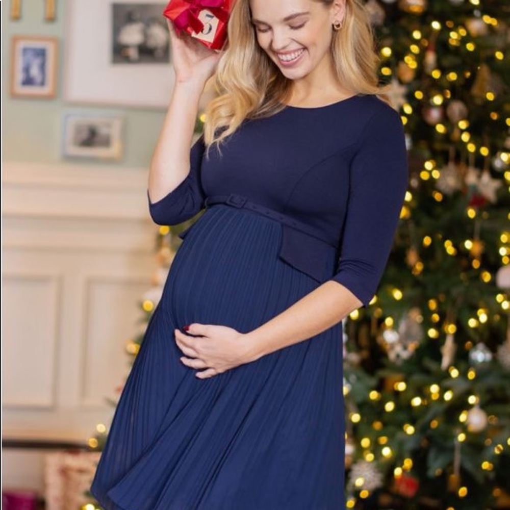 Seraphine Navy Blue Pleated Maternity Dress